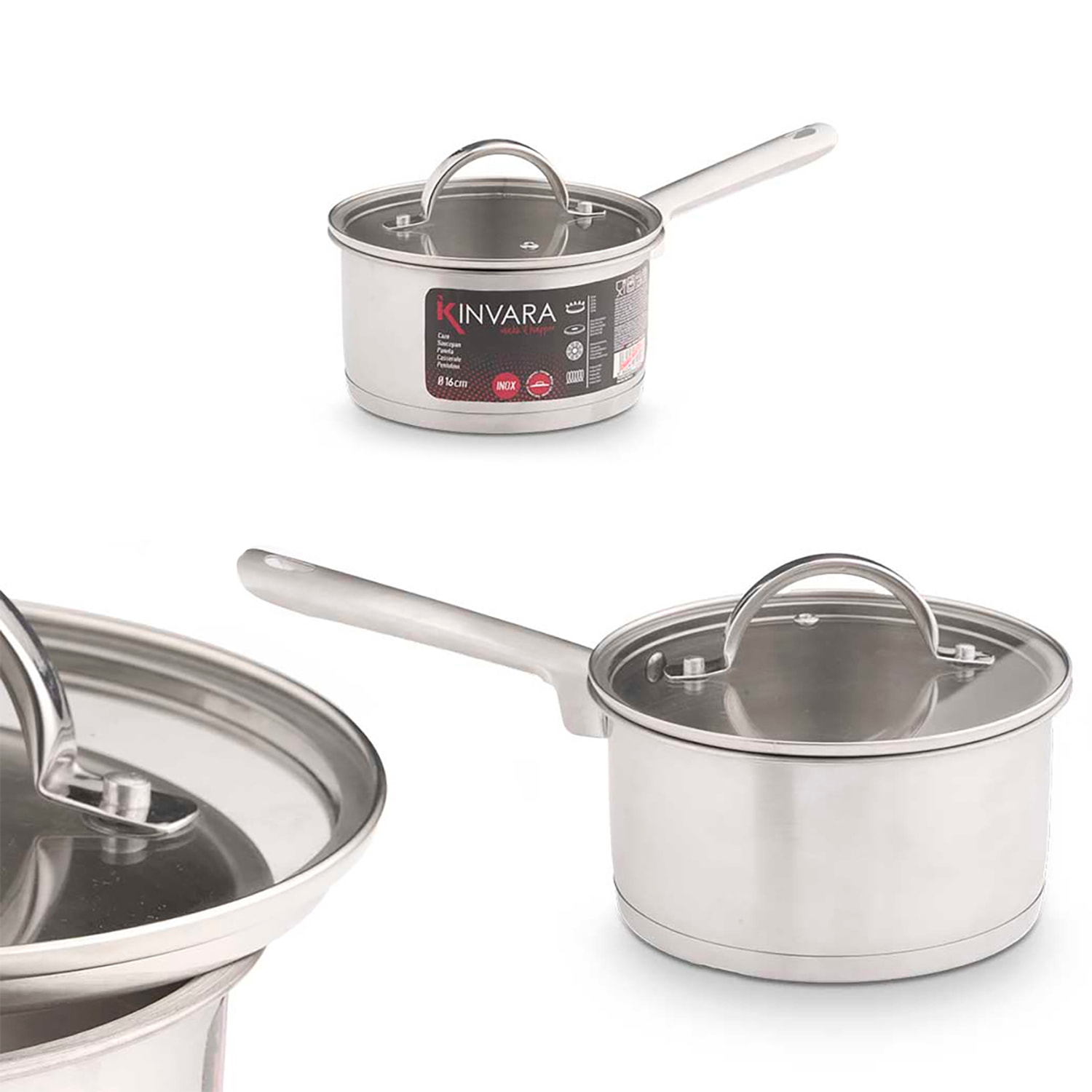 Cazo de acero inoxidable con tapa de cristal. 16cm diámetro.