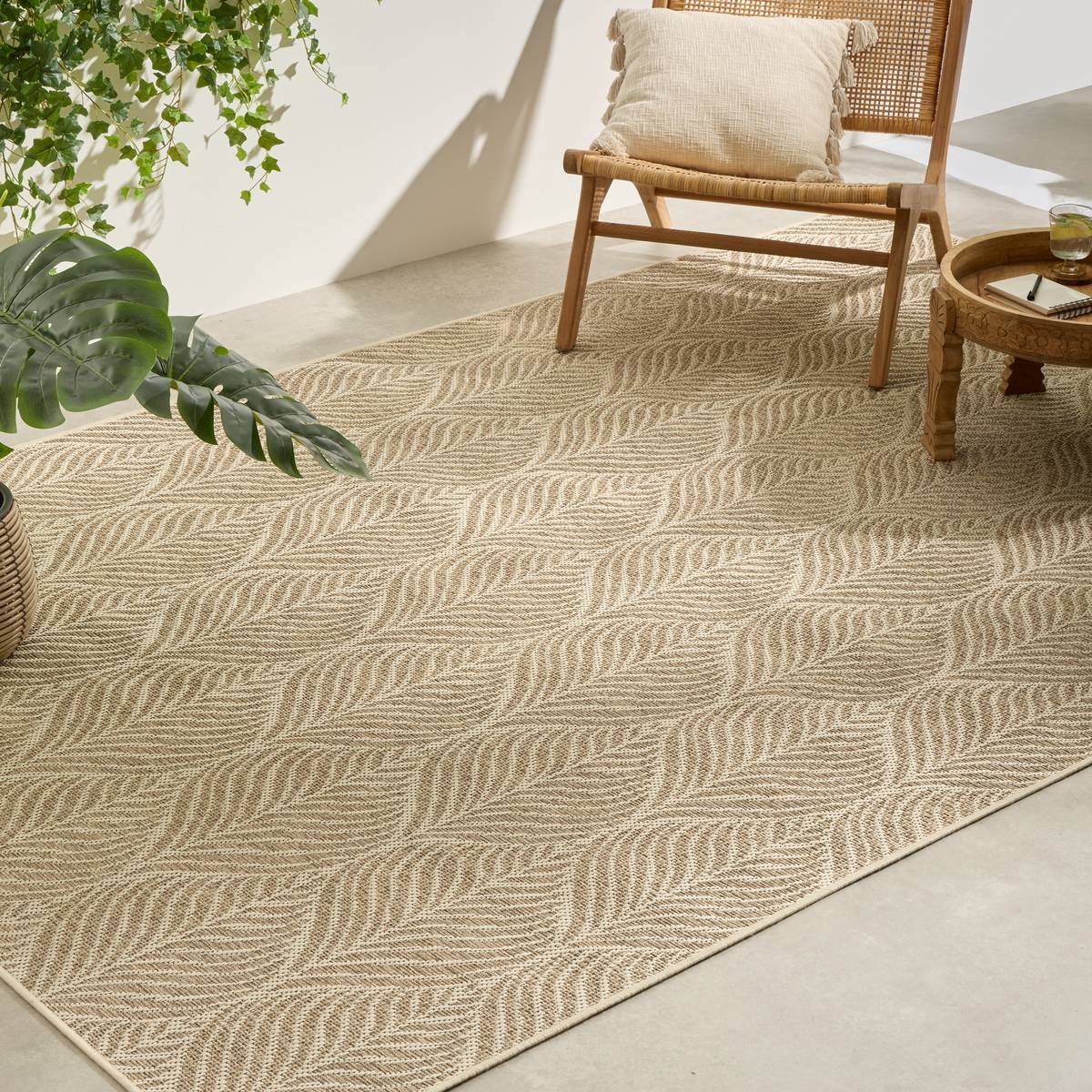 Tapis d'extérieur Curtis 300x200cm motif feuille beige