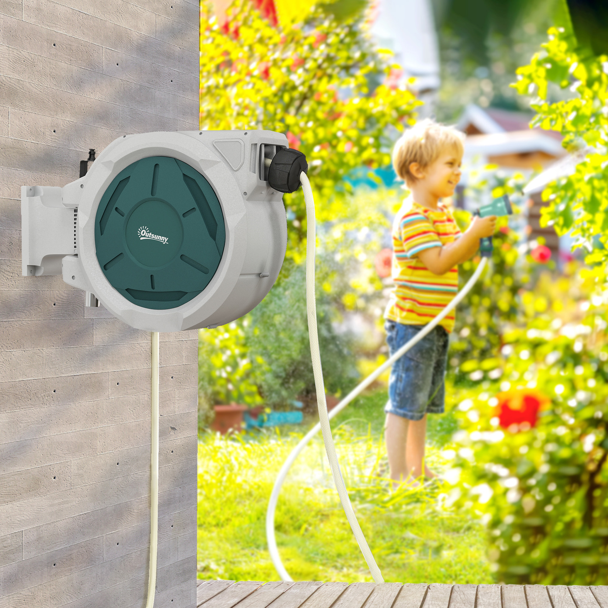 Dévidoir mural enrouleur automatique pivotant 180° tuyau 30 + 2 m avec lance arrosage 7 modes support mural intégré gris clair vert