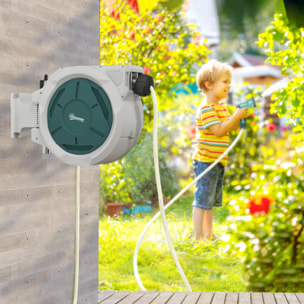 Dévidoir mural enrouleur automatique pivotant 180° tuyau 30 + 2 m avec lance arrosage 7 modes support mural intégré gris clair vert