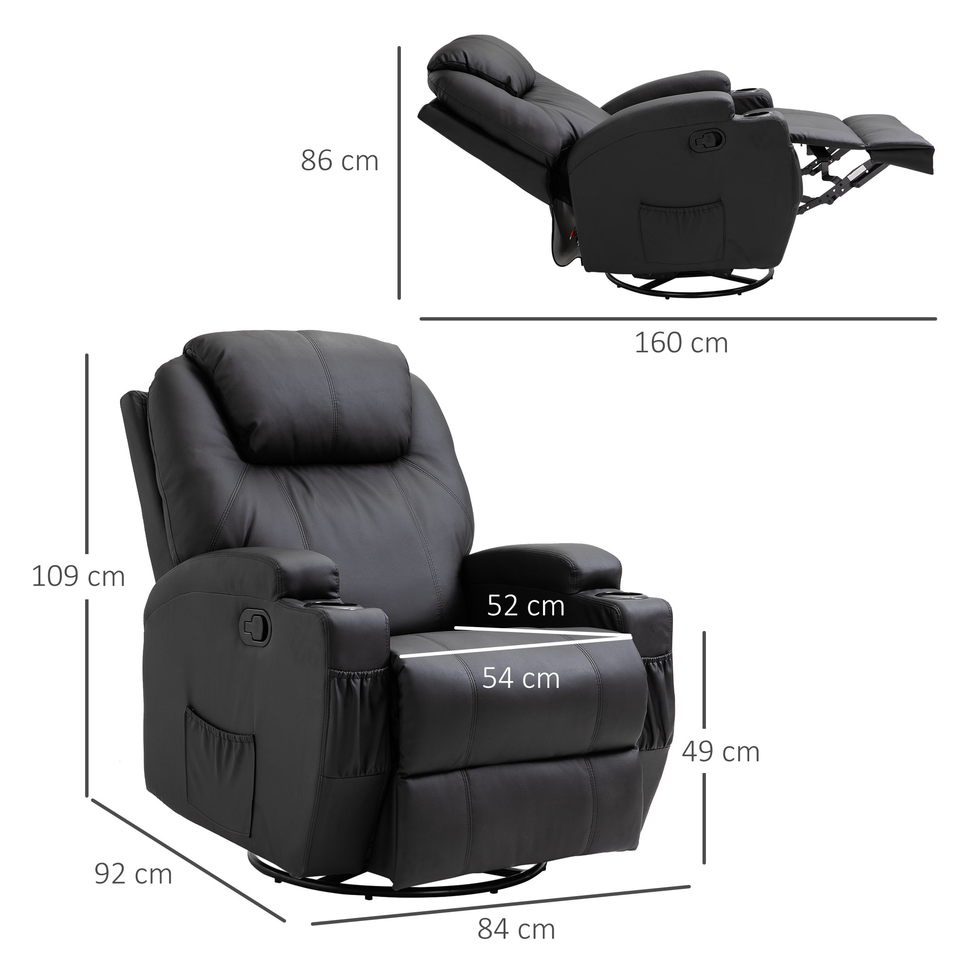 Fauteuil luxe de relaxation et massage inclinaison dossier repose-pied réglable revêtement synthétique noir