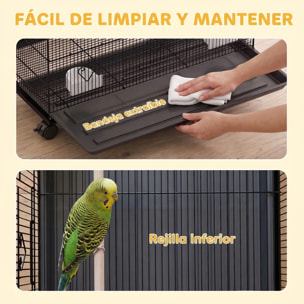 Jaula Grande para Pájaros con Ruedas, Jaula Metálica con 6 Comederos, Bandeja Extraíble, Múltiples Puertas, 3 Perchas de Madera, Pajarera para Periquitos, Agapornis, Ninfas 77x46,5x141 cm Negro
