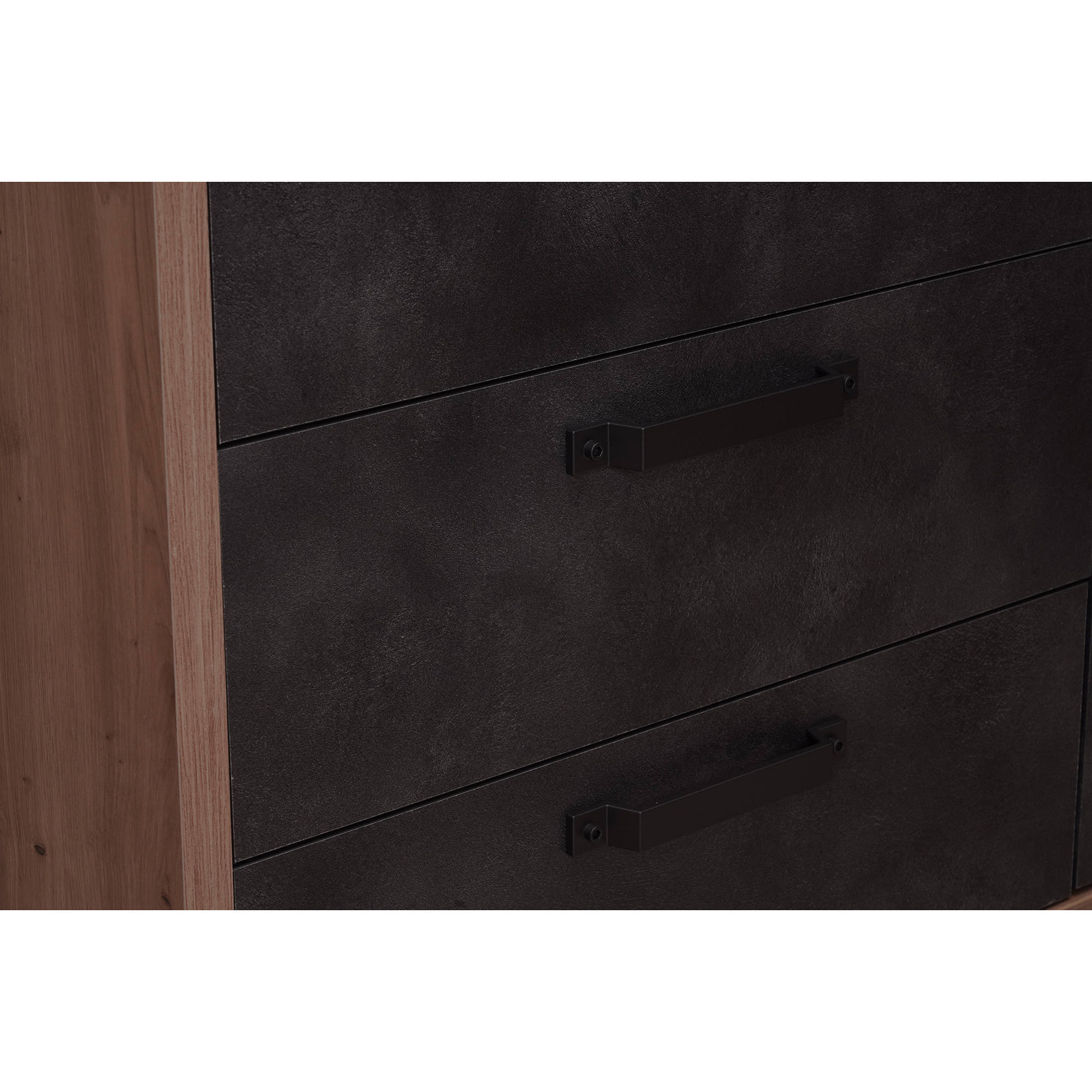 Credenza stile industrial a 1 anta e 3 cassetti, Buffet da cucina, Madia con scaffali e ripiani, Made in Italy, cm 122x45h88, colore Rovere e Antracite