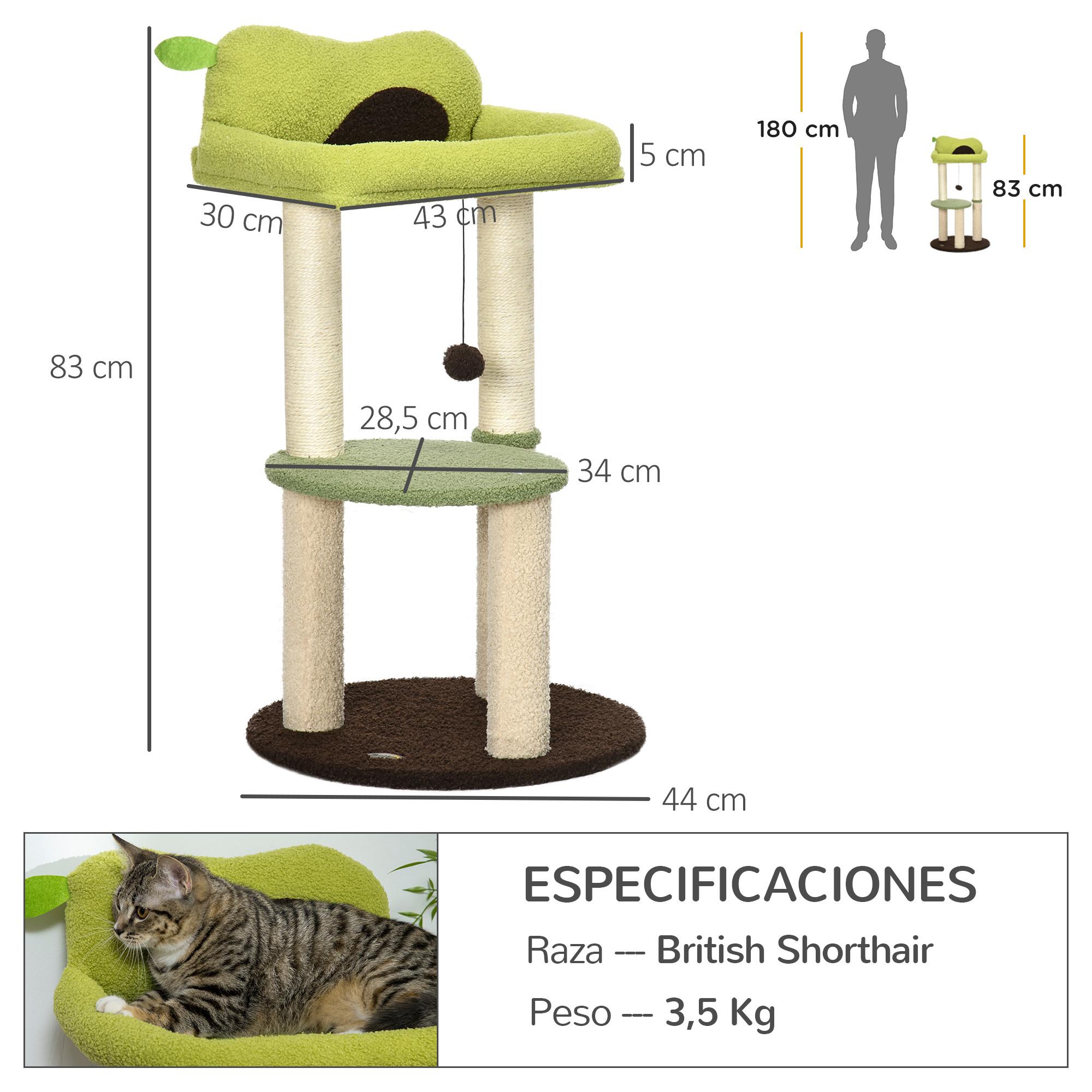 Árbol Rascador para Gatos Altura 83 cm con Cama Forma de Aguacate Bola Colgante