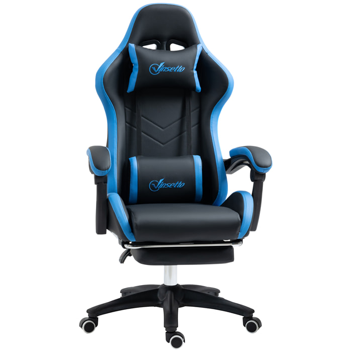 Silla Gaming Ergonómica, Silla Gamer de Cuero PU con Reclinable 135°, Soporte Lumbar, Altura Ajustable, Reposacabezas y Reposapiés Retráctil, para Oficina, Estudio, Negro y Azul
