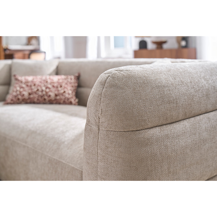 Canapé 3 places et repose pieds en tissu effet velours texturé beige JOYA