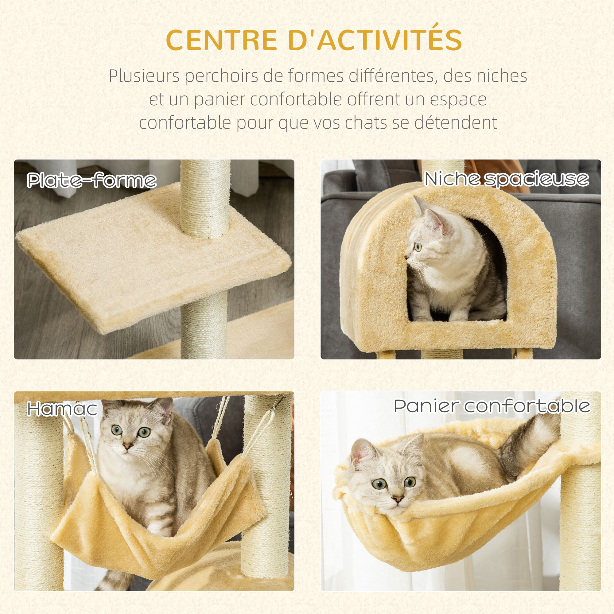 Arbre à chat griffoir arbre à grimper tour de jeu stable à plusieurs niveaux centre d'activités hauteur 98 cm beige