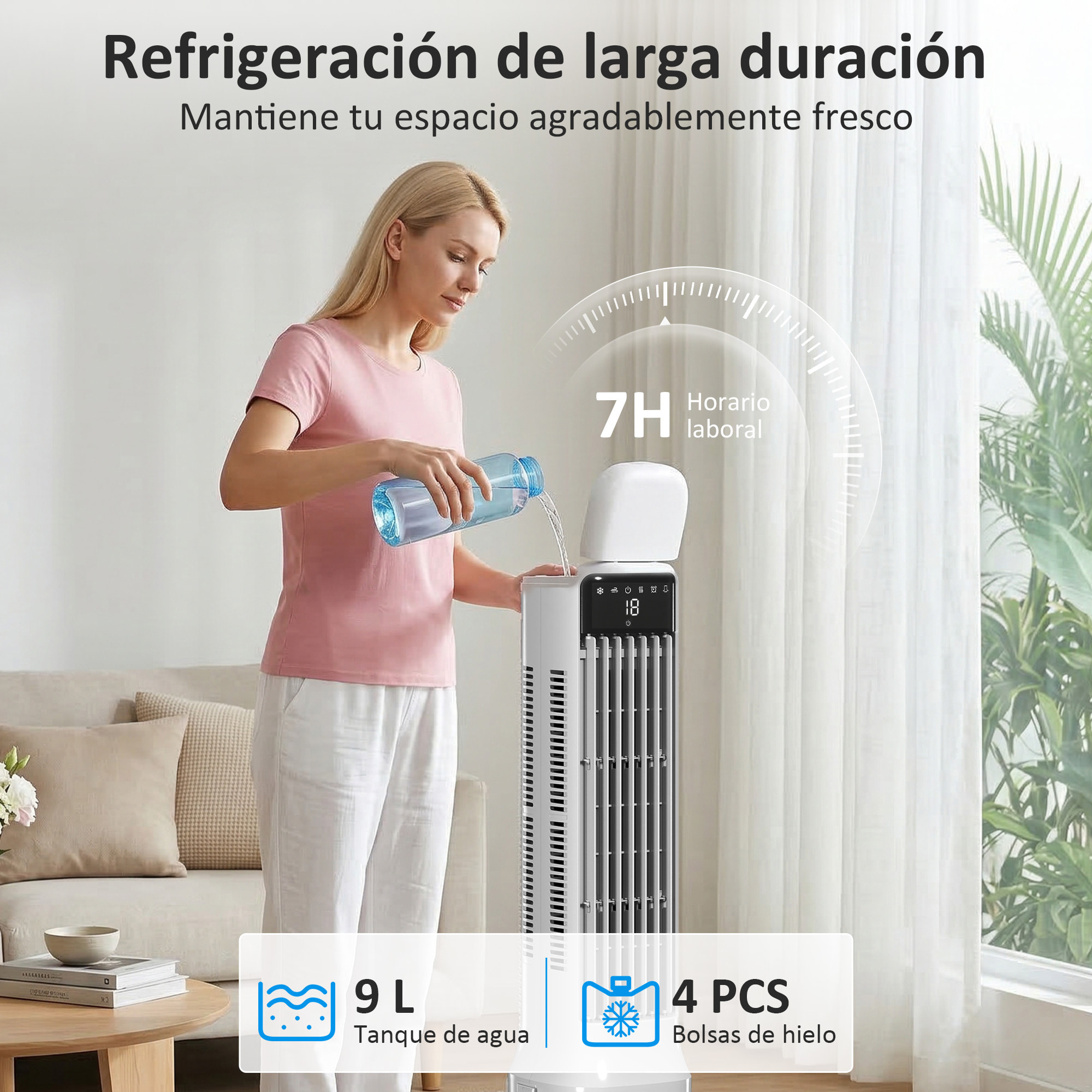Climatizador Evaporativo de Torre 3 en 1, Enfriador de Aire Portátil con Depósito de 9 L, Oscilación 48°, 3 Velocidades, 3 Modos, Temporizador 24h y Mando a Distancia, 2 Acumuladores de Frío