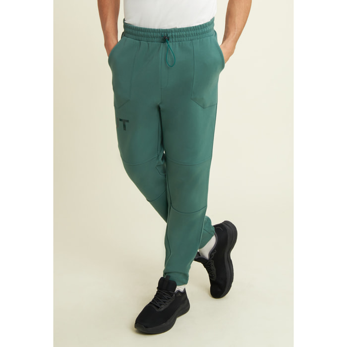 Pantaloni slim in interlock con stampa UT e cuciture