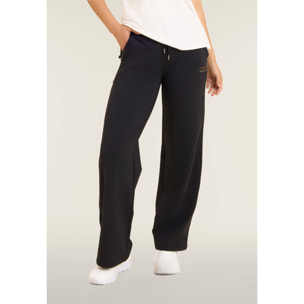 Pantaloni wide leg da donna con logo in strass bicolore