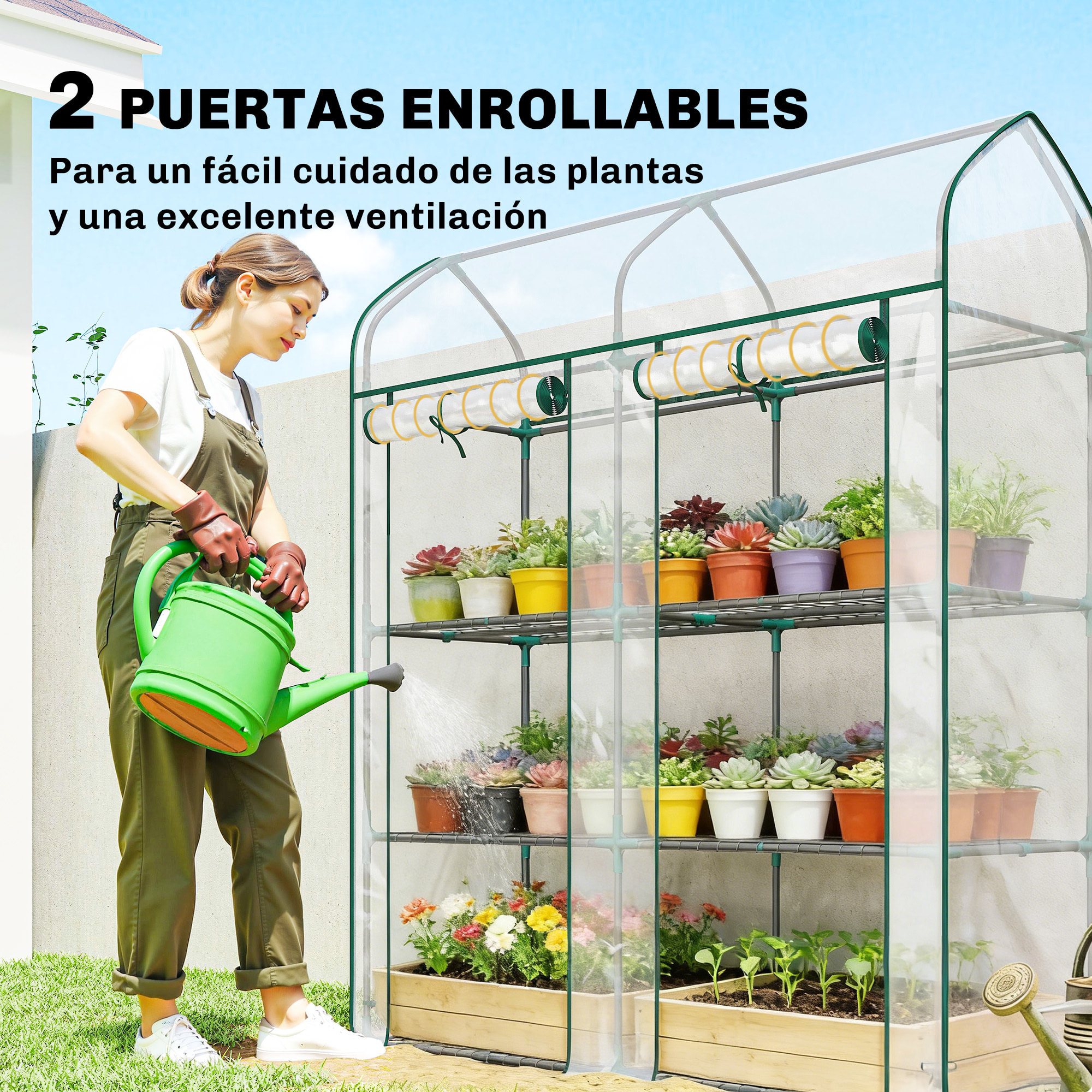 Invernadero Pequeño de 3 Niveles, Invernadero de Exterior con 2 Puertas Enrollables, Marco de Acero y Cubierta de Plástico Anti-UV para Cultivar Plantas, Flores, 143x46x165 cm, Transparente