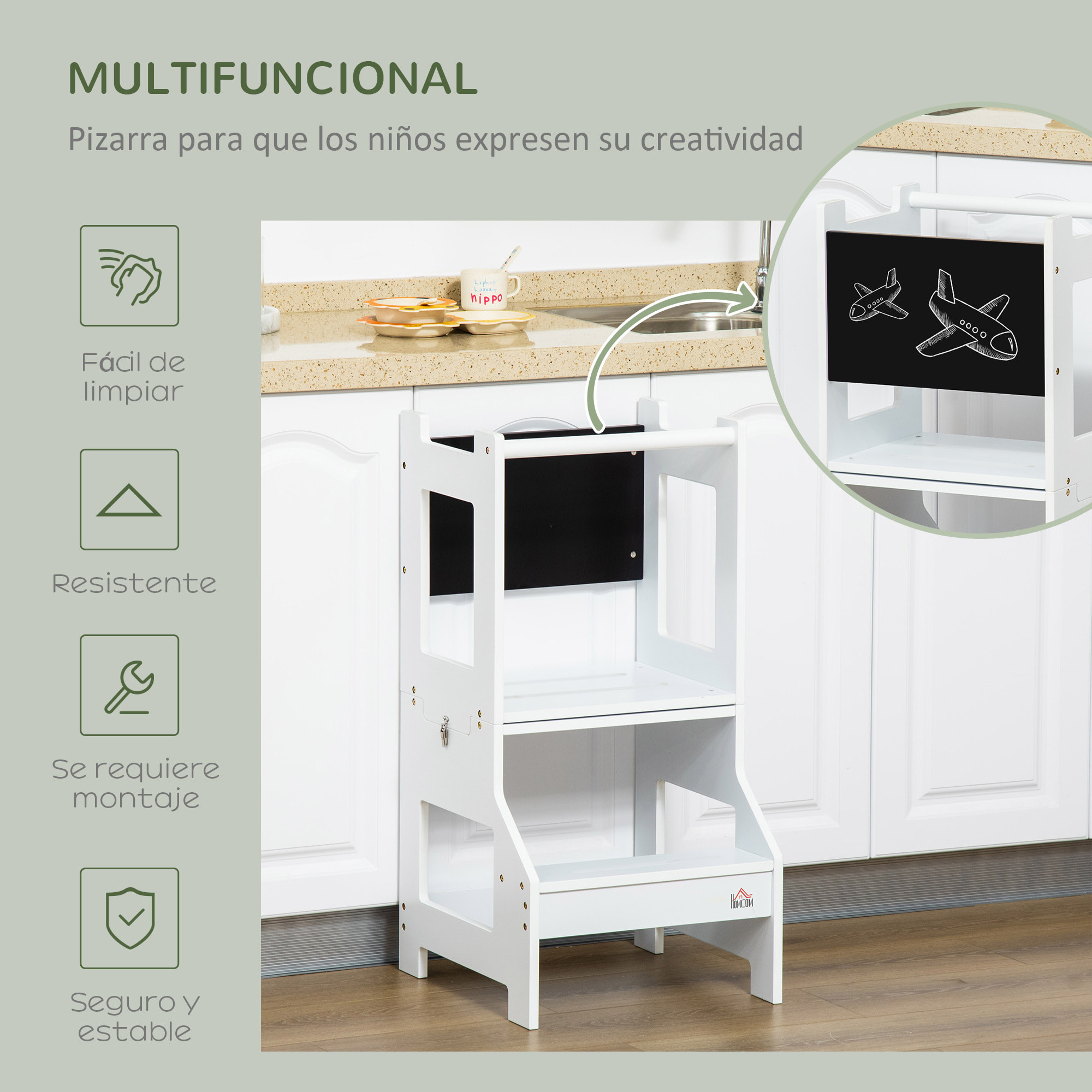 Torre de Aprendizaje para Niños 3-6 Años de Madera Taburete de Cocina Infantil Convertible en Escritorio con Pizarra Pedal y Barra de Seguridad para Baño 42x44x86 cm Blanco