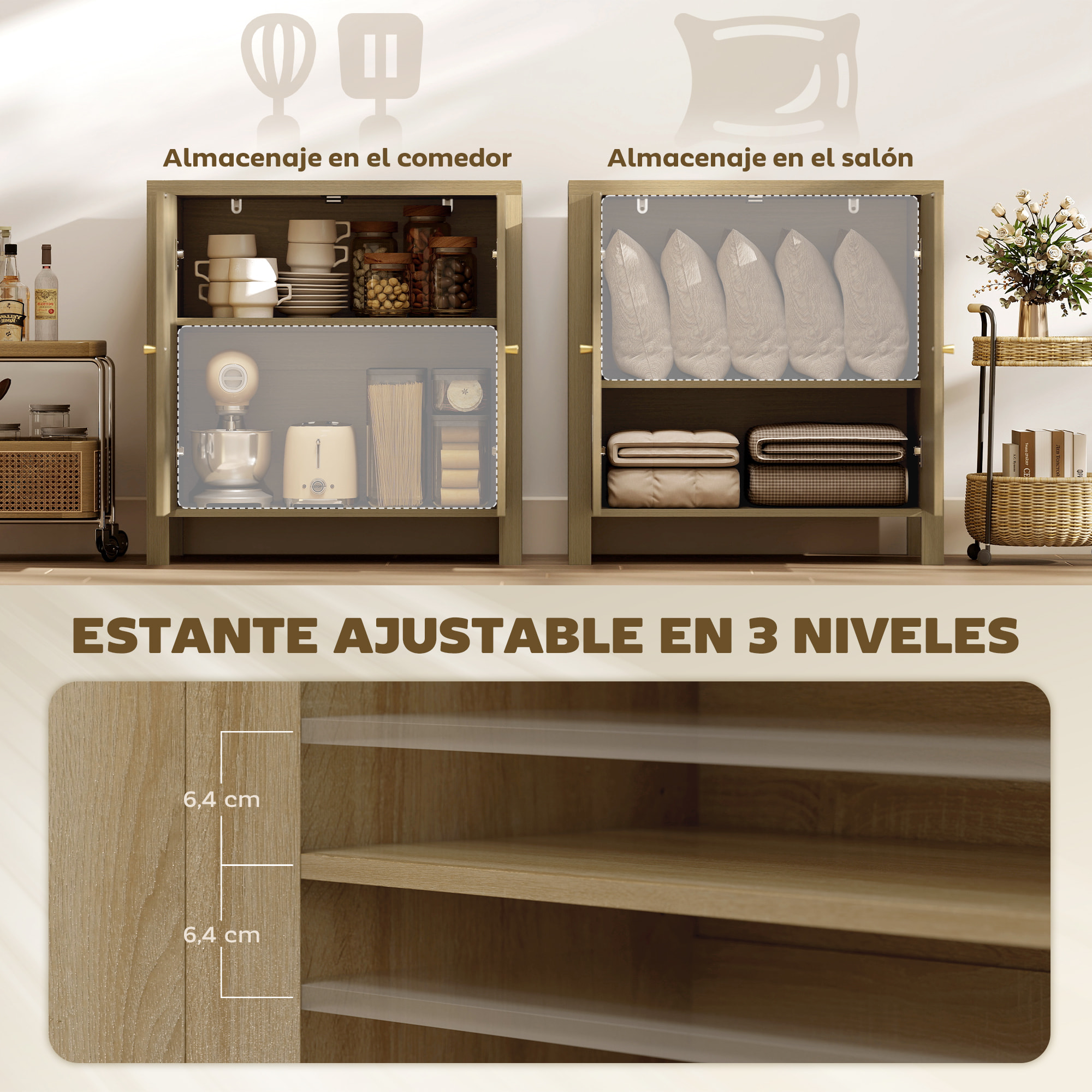 Aparador de Cocina con 2 Puertas de Ratán Sintético, Mueble Auxiliar de Cocina con Estante Ajustable y 2 Tiradores, Mueble de Buffet para Comedor, Salón, 75x38x77 cm, Madera Natural
