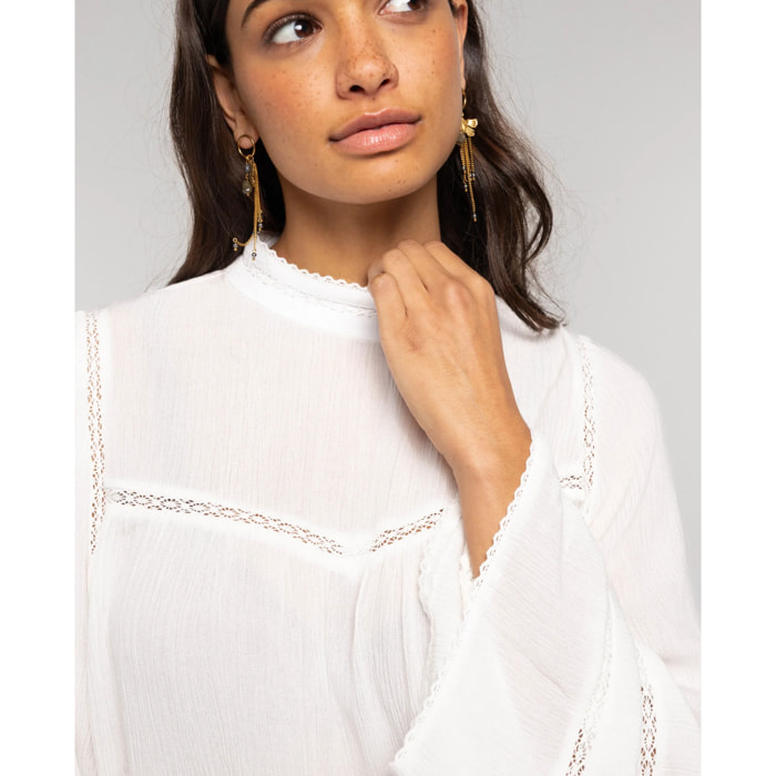 Blusa de gasa con encaje y manga larga de mujer