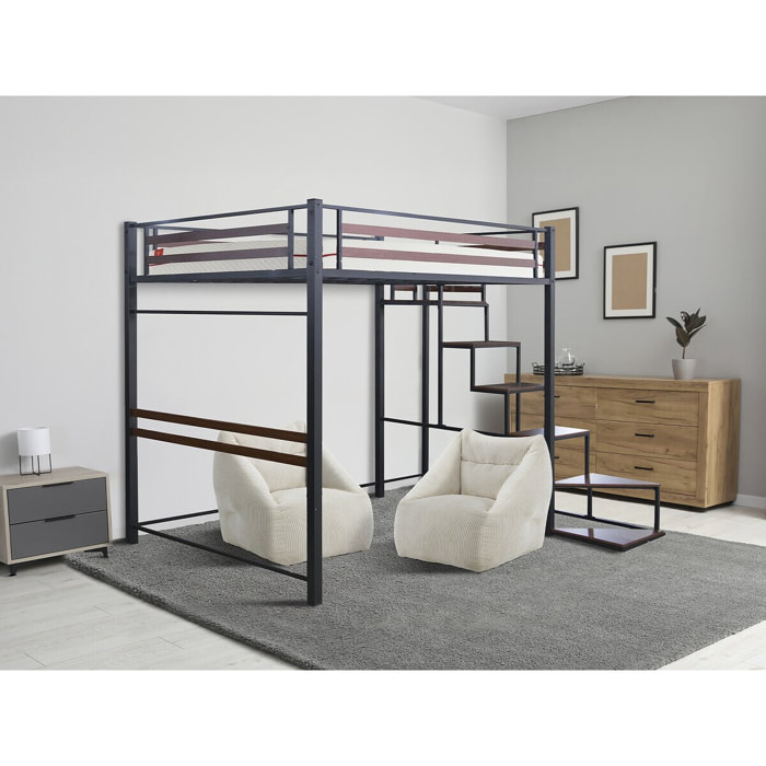 Lit mezzanine en métal avec escalier "LENA" - 140 x 190 cm - Noir et marron noyer