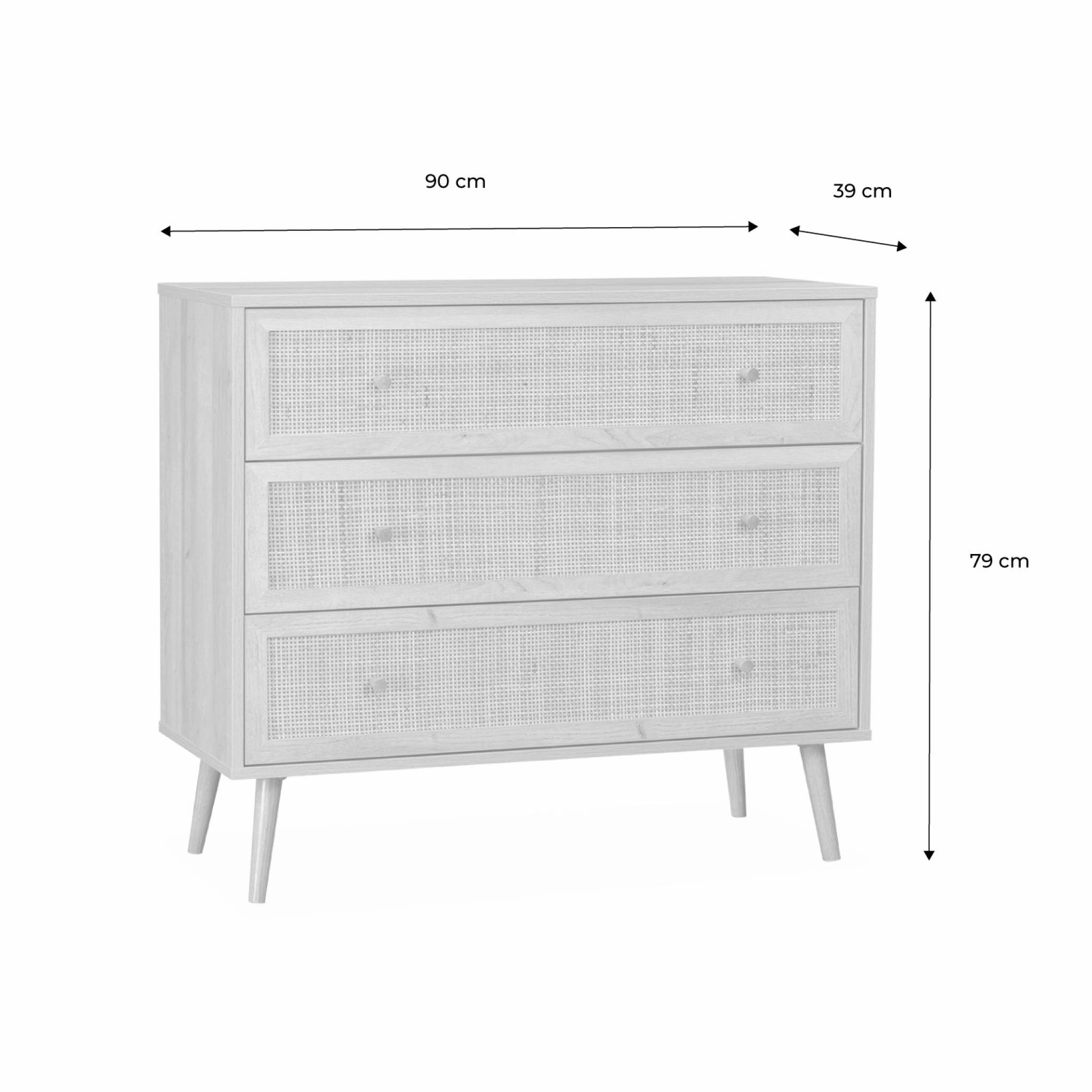 Commode en décor bois blanc et cannage 90x39x79cm - Bohème - 3 tiroirs