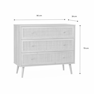 Commode en décor bois blanc et cannage 90x39x79cm - Bohème - 3 tiroirs