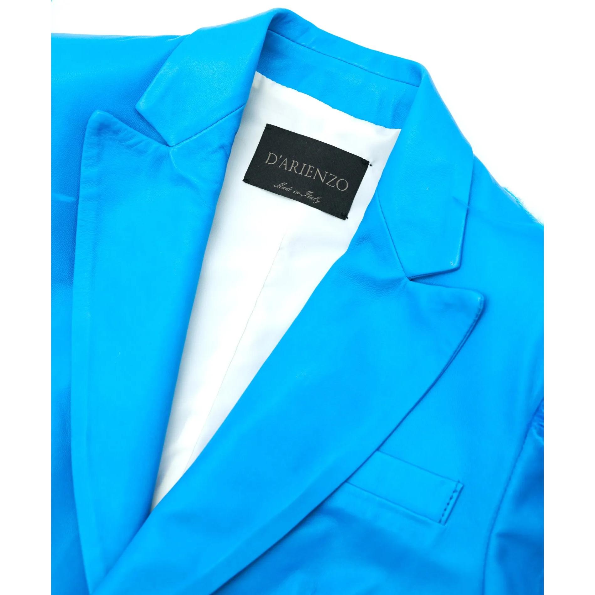 Giacca blazer in pelle naturale azzurra con piume