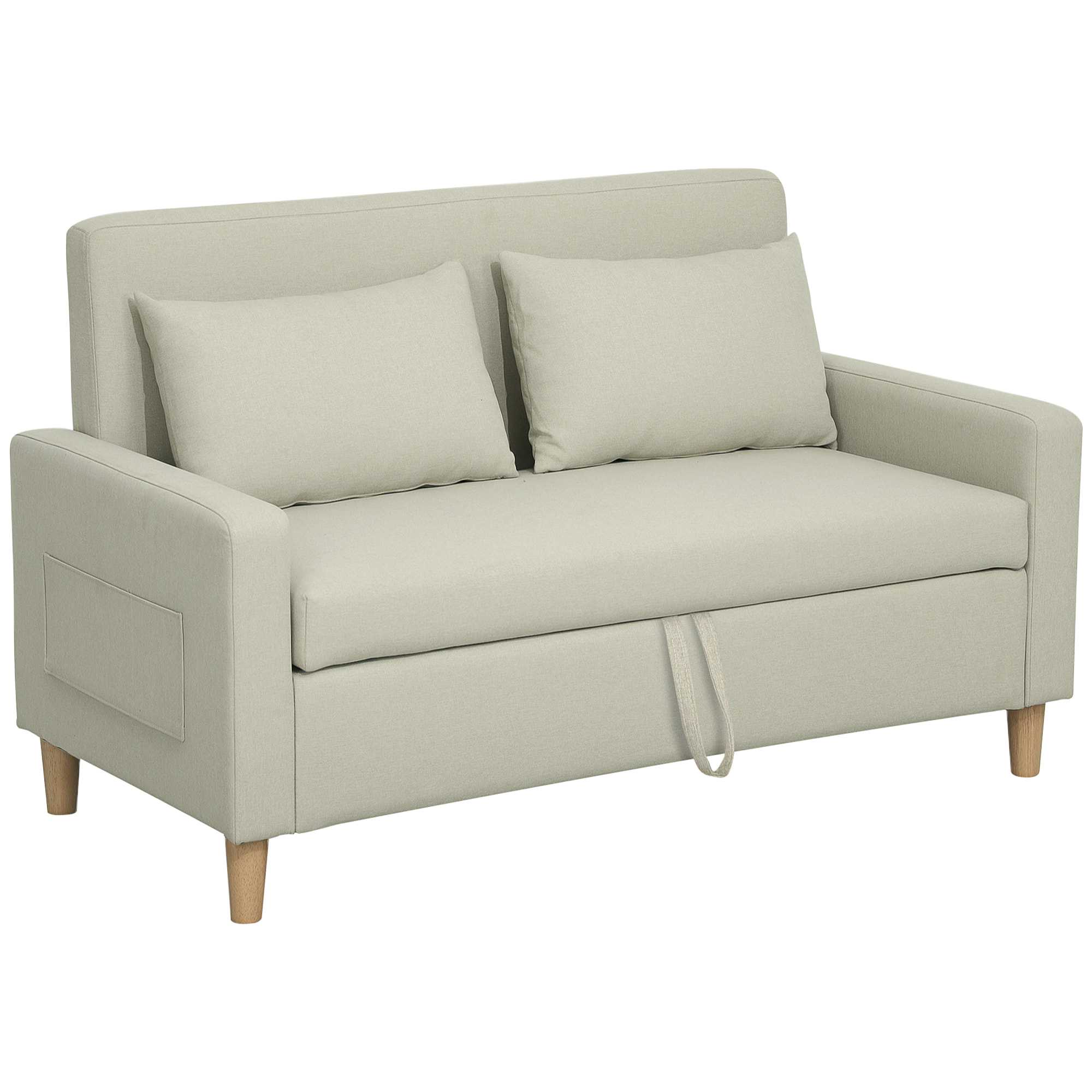 Sofá de 2 Plazas Tapizado en Lino Sintético Sofá de Salón con 2 Almohadas Espacio de Almacenamiento Oculto Bolsillo y Patas de Madera Sofá Pequeño Carga 240 kg 135x72x84 cm Beige