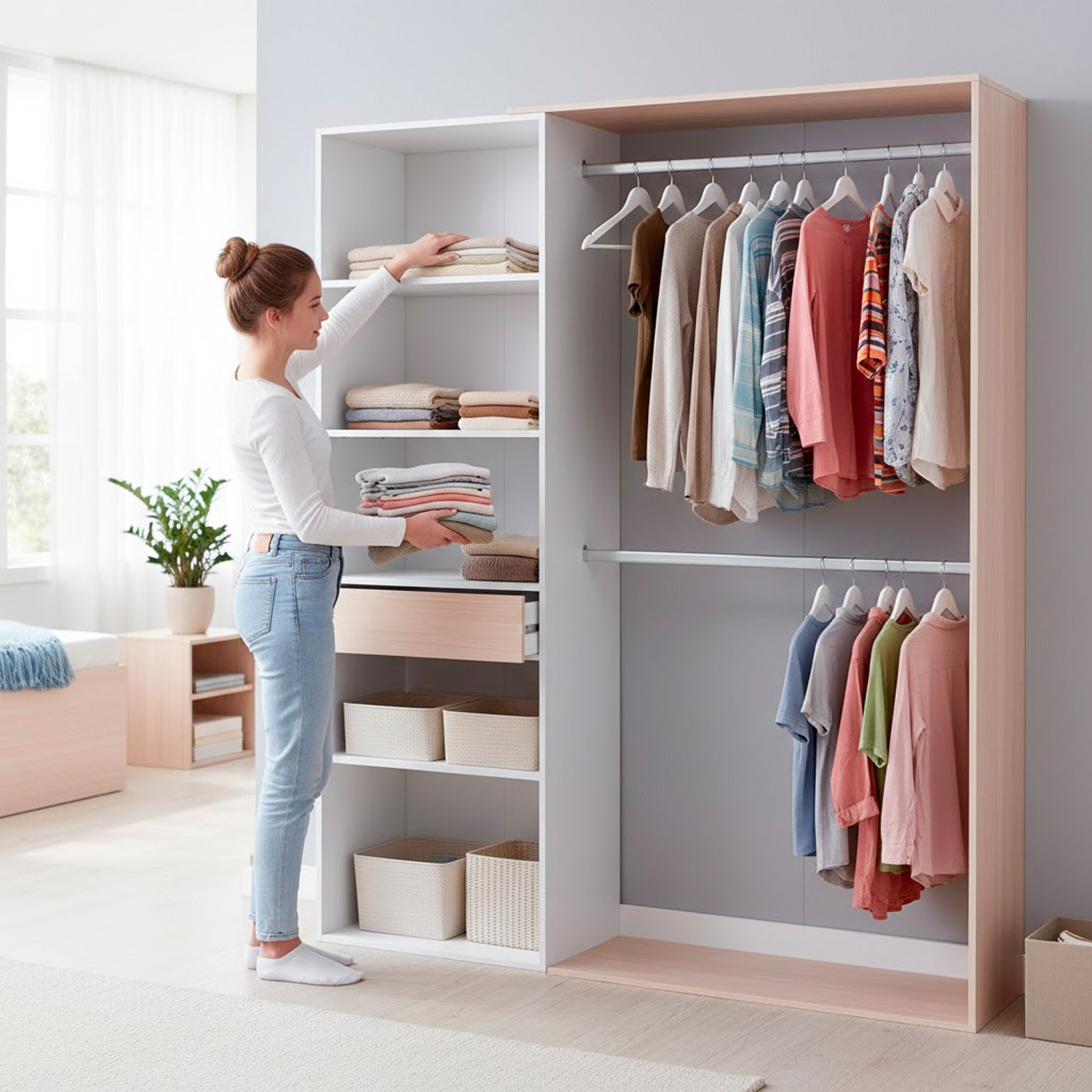 Armadio Guardaroba Con 2 Barre Appendiabiti 4 Ripiani E Cassetto Armadietto Mobile Salvaspazio Reversibile Camera 187x40x158 Cm Bianco Opaco e Rovere