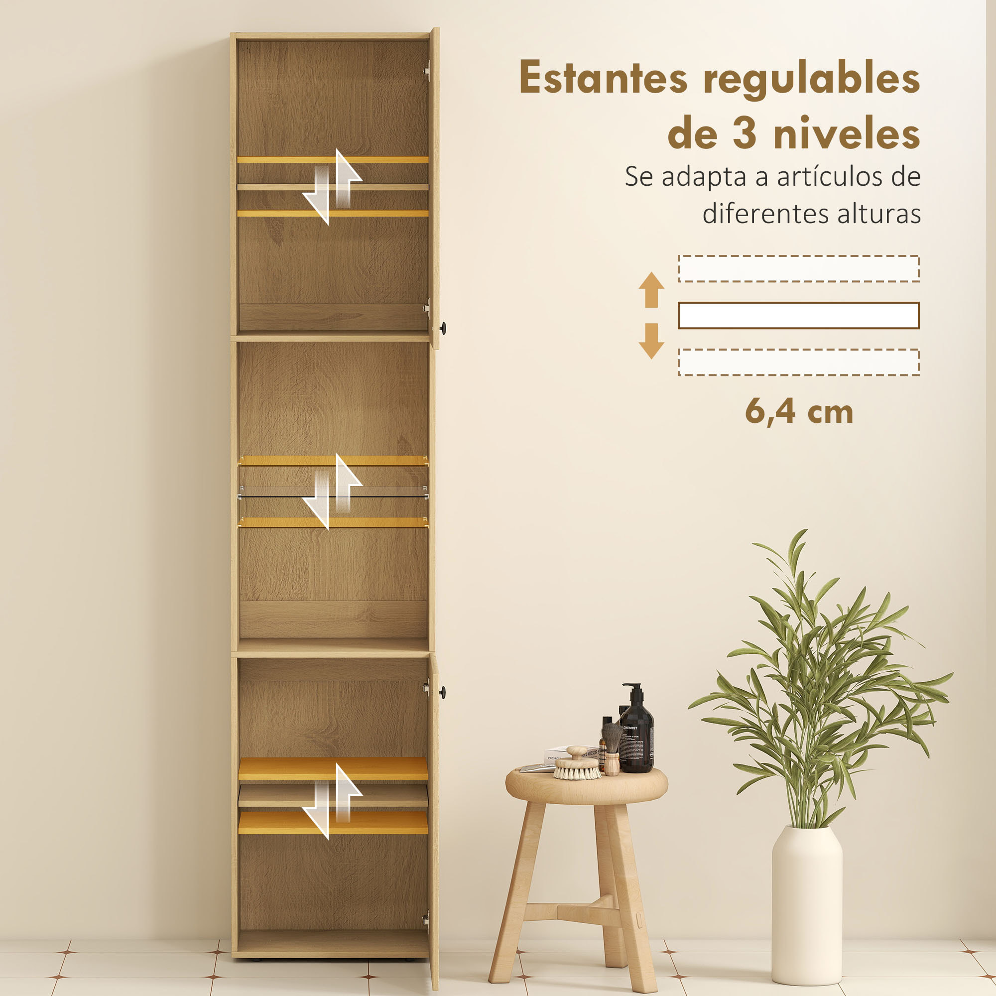 Armario de Baño Alto, Columna de Baño Estrecha de 6 Niveles con 2 Puertas, Estante de Vidrio Templado, Estantes Ajustables, 40x31x182 cm, Roble