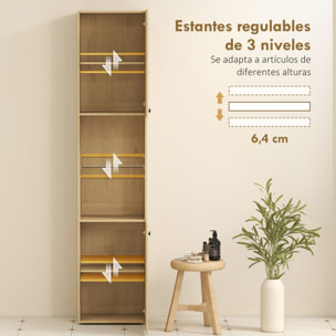 Armario de Baño Alto, Columna de Baño Estrecha de 6 Niveles con 2 Puertas, Estante de Vidrio Templado, Estantes Ajustables, 40x31x182 cm, Roble