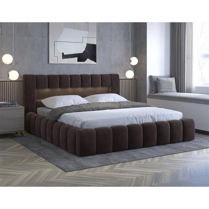 Cleo - lit coffre avec led - 180x200 cm - sommier inclus - en velours - Marron