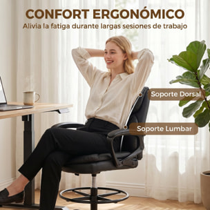 Silla de Escritorio Alta, Silla de Dibujo Ergonómica con Reposapiés Ajustable, Altura Regulable, Ruedas Giratorias, Tapizado en PVC para Oficina, Estudio, Negro