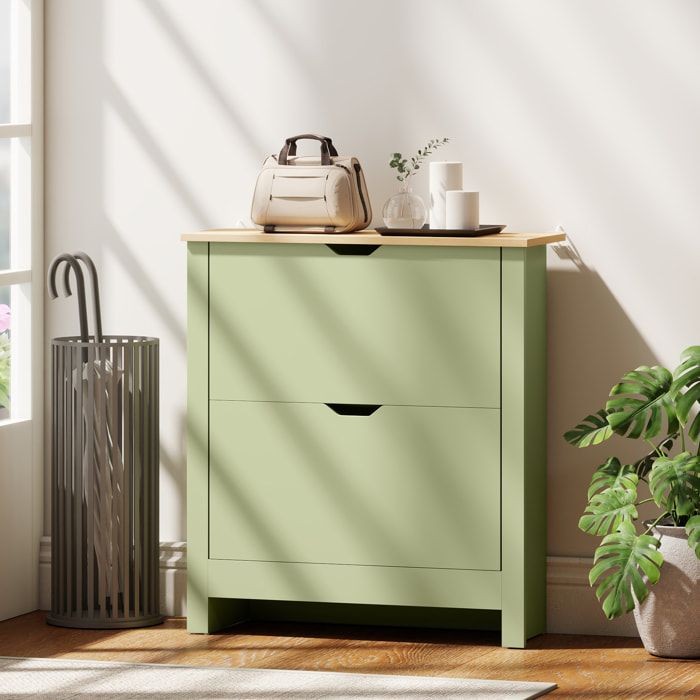 Armoire à chaussures 2 portes abattantes 2 compartiments vert amande naturel