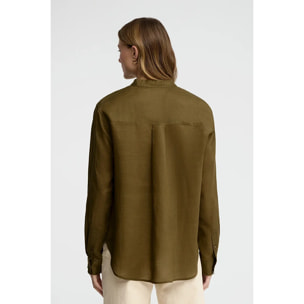 Camicia kaki scuro in ramie con collo alla coreana e fit ampio con ricamo Polo Club