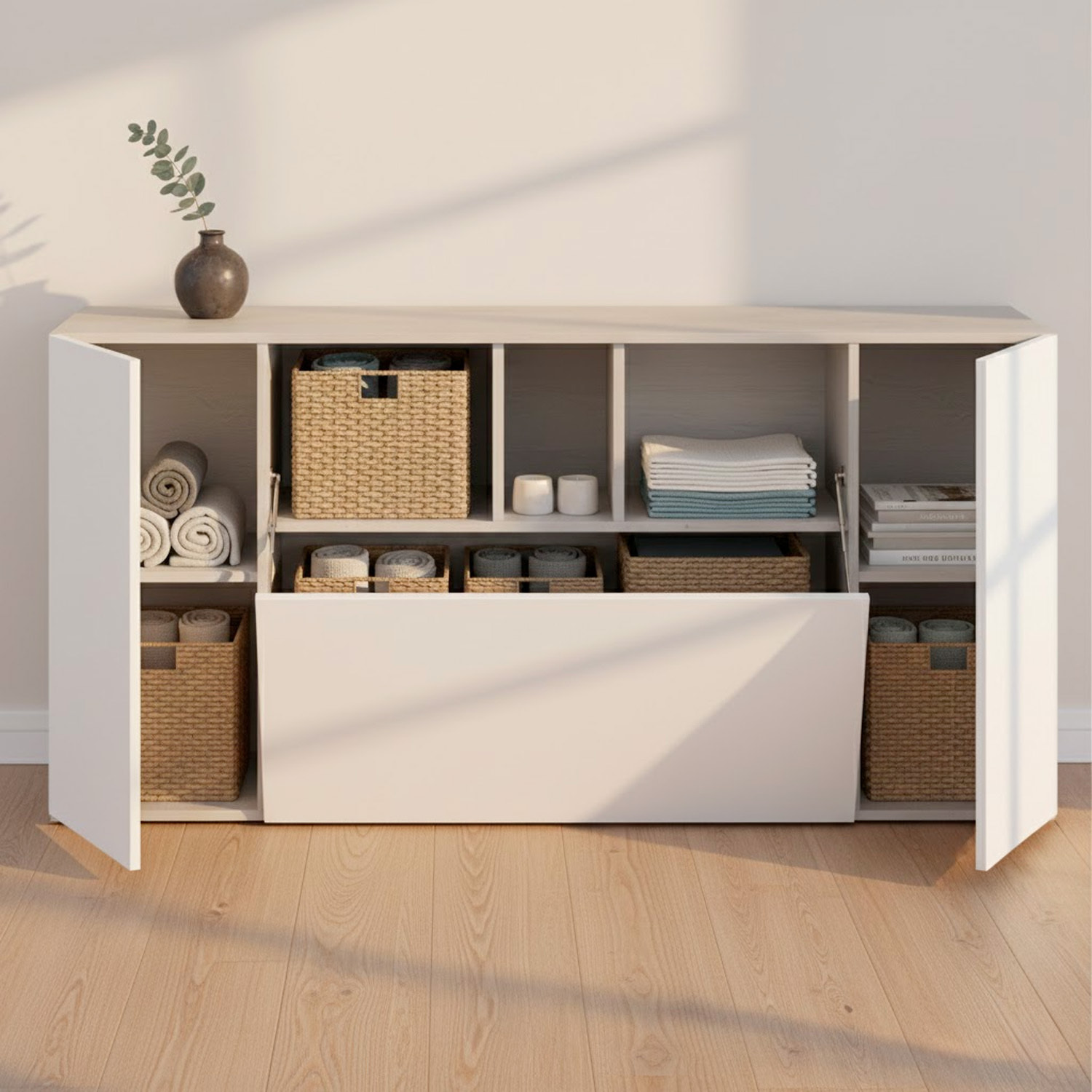 Credenza Moderna Madia A 3 Ante Con Vani a Giorno Mobile Contenitore Salvaspazio Da Terra Ripiani Regolabili 150 x 41 x 76 Cm Bianco e Grigio Cemento