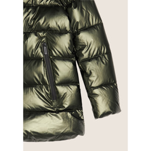 Piumino donna lucido con cappuccio protettivo e coulisse