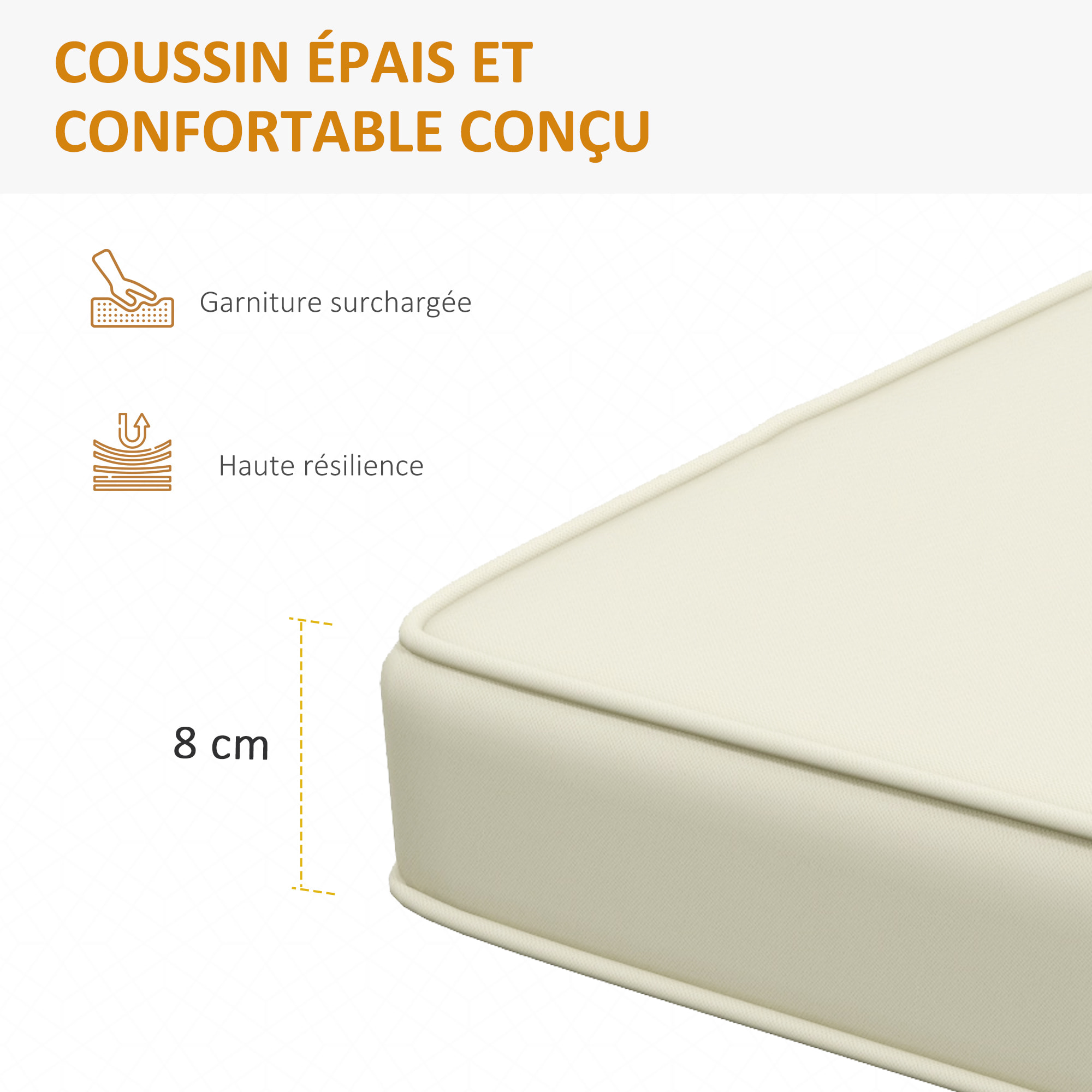 Coussin de banc de jardin déhoussable - coussin balancelle - dim. 120L x 50l cm - rembourrage 8 cm - cordons d'attache - polyester crème