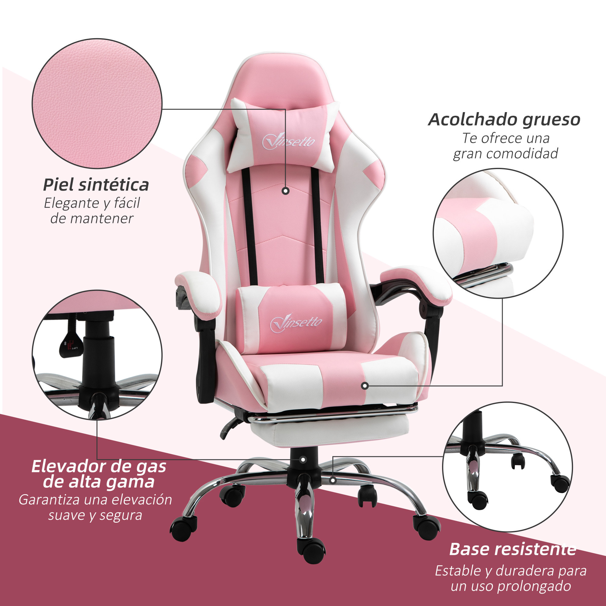 Silla Gaming Reclinable Silla Gamer Giratoria con Reposacabezas Reposapiés Cojín Lumbar Altura Ajustable para Oficina Estudio 64x67x119-127 cm Rosa