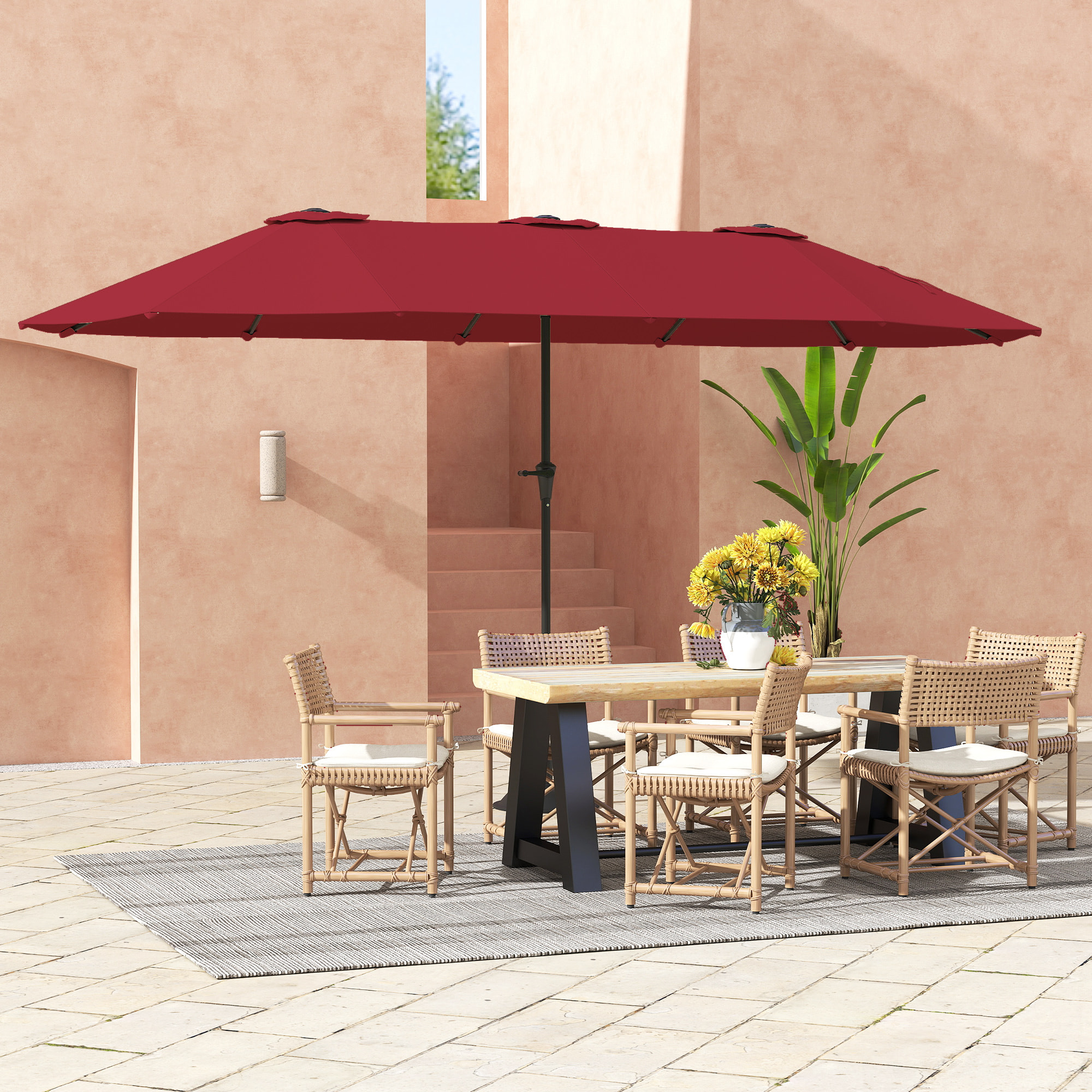 Parasol de jardin grande taille 4 x 2,2 x 2,3 m manivelle métal époxy tissu haute densité 180 g/m² bordeaux