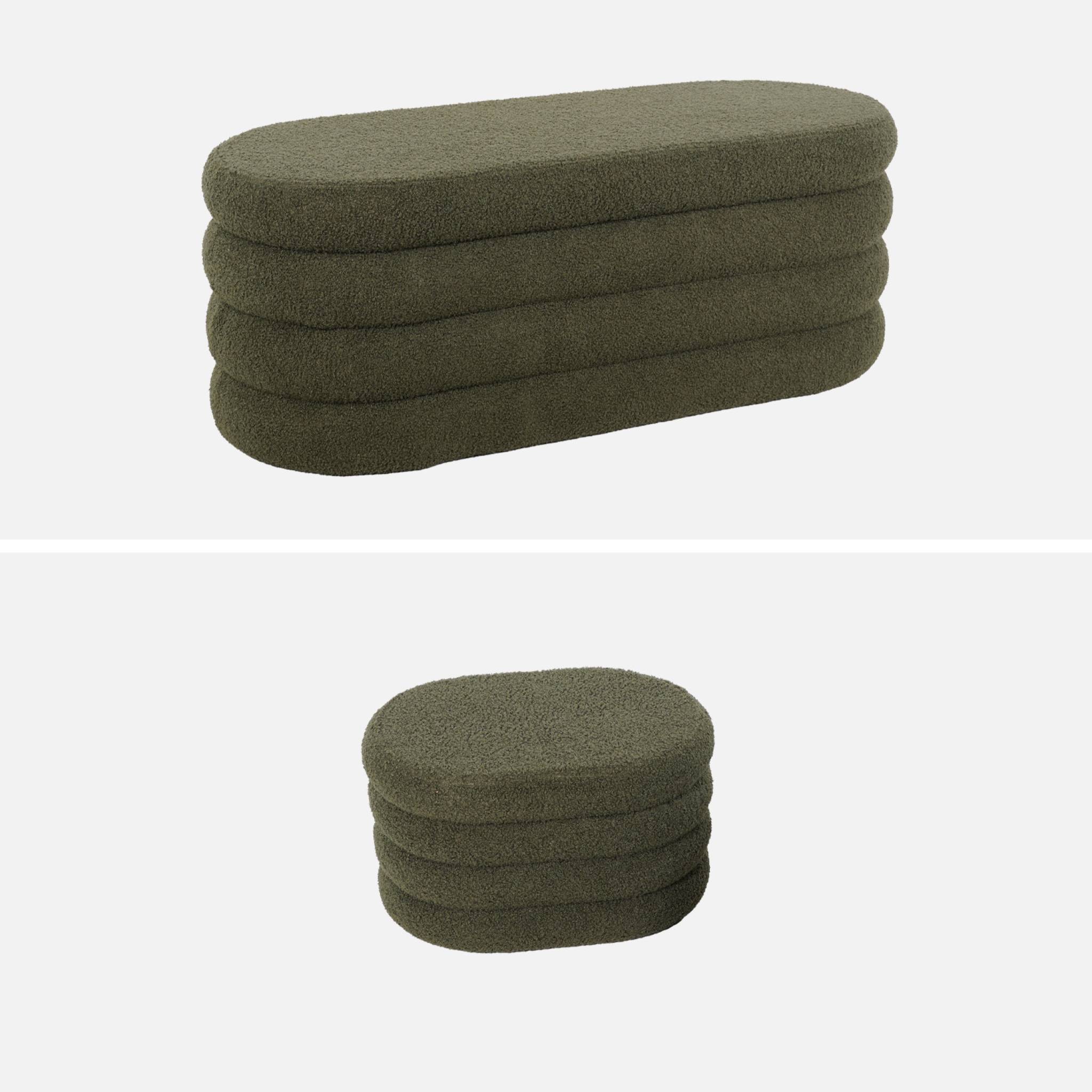 Banc coffre en bouclettes kaki avec 2 poufs ovales de rangement intégrés - L111cm
