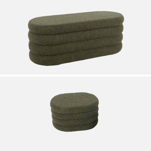 Banc coffre en bouclettes kaki avec 2 poufs ovales de rangement intégrés - L111cm