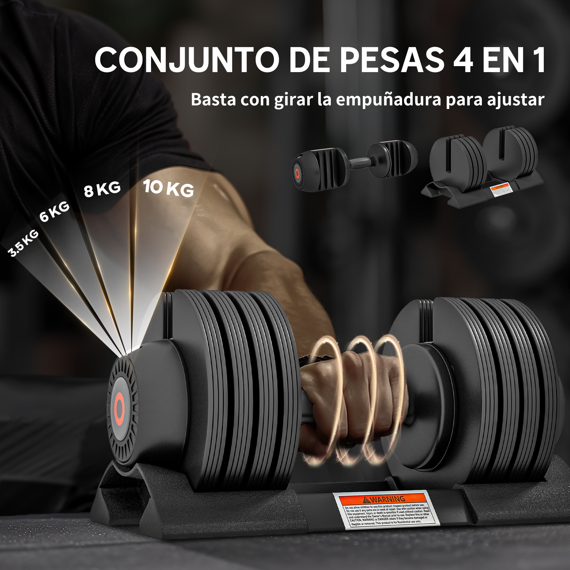 Mancuerna Ajustable 4 en 1 10 kg, Pesas y Mancuernas, Ajuste Rápido de Peso, con Base de Almacenamiento y Mango Antideslizante, para Entrenamiento en Casa Gimnasio