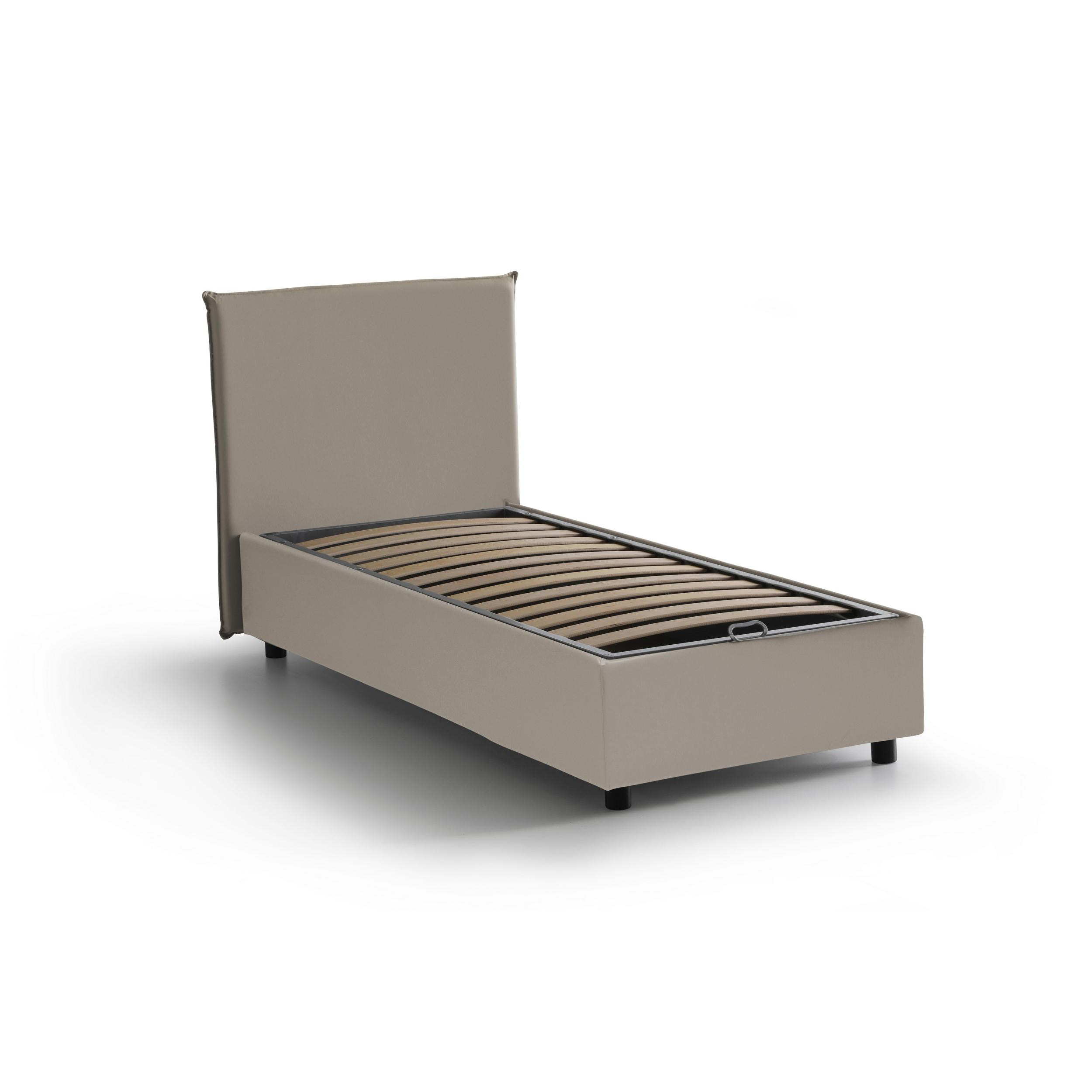 Letto singolo Brigitta, Letto contenitore con rivestimento in ecopelle, 100% Made in Italy, Apertura frontale, con materasso Cm 80x190 incluso, Tortora