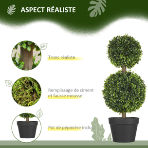 Lot de 2 arbres buis artificiel double boules avec tronc et pot inclus - H.60 cm PE vert