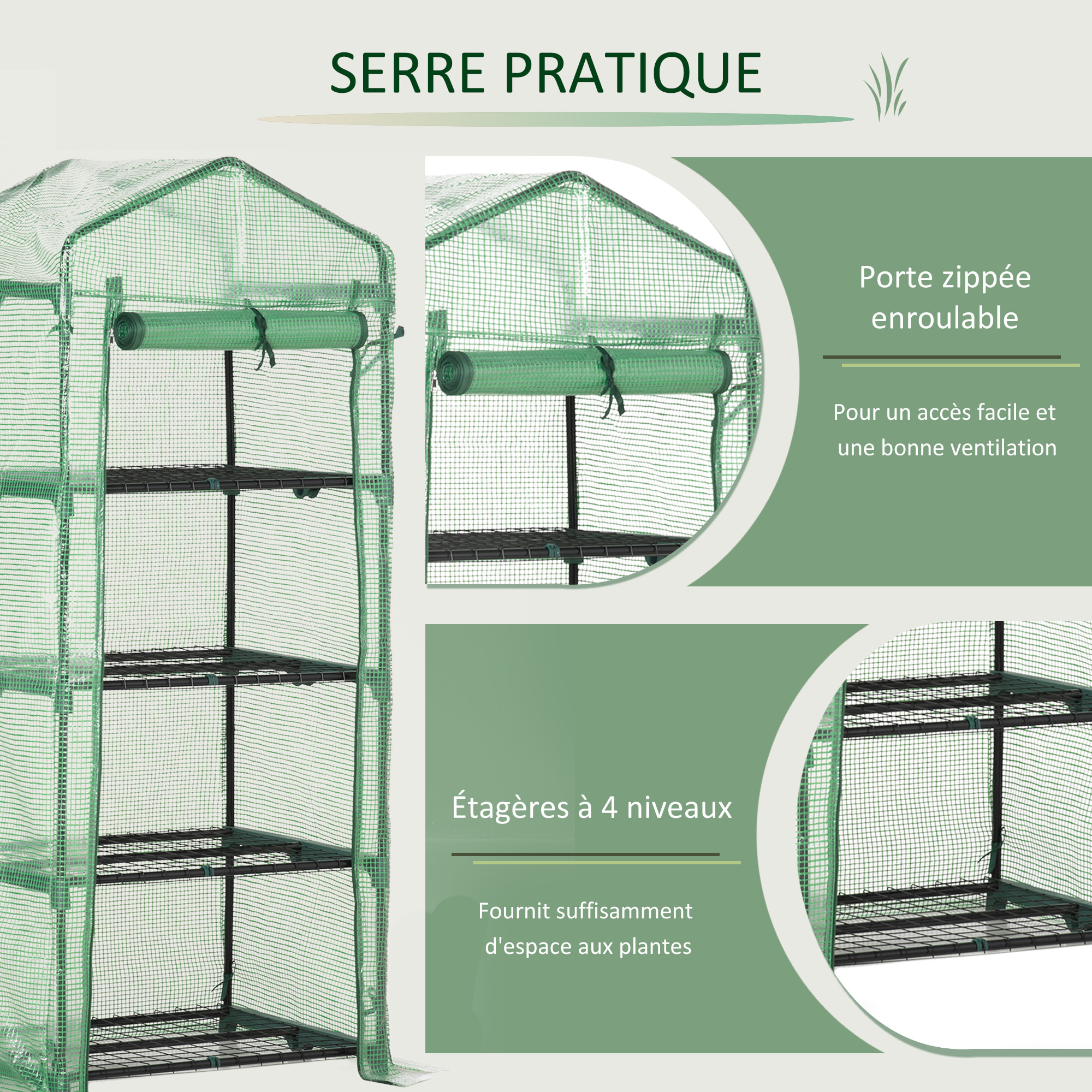 Serre de jardin balcon étagère serre 4 niveaux 0,7L x 0,5l x 1,6H m acier galvanisé bâche amovible PE haute densité vert