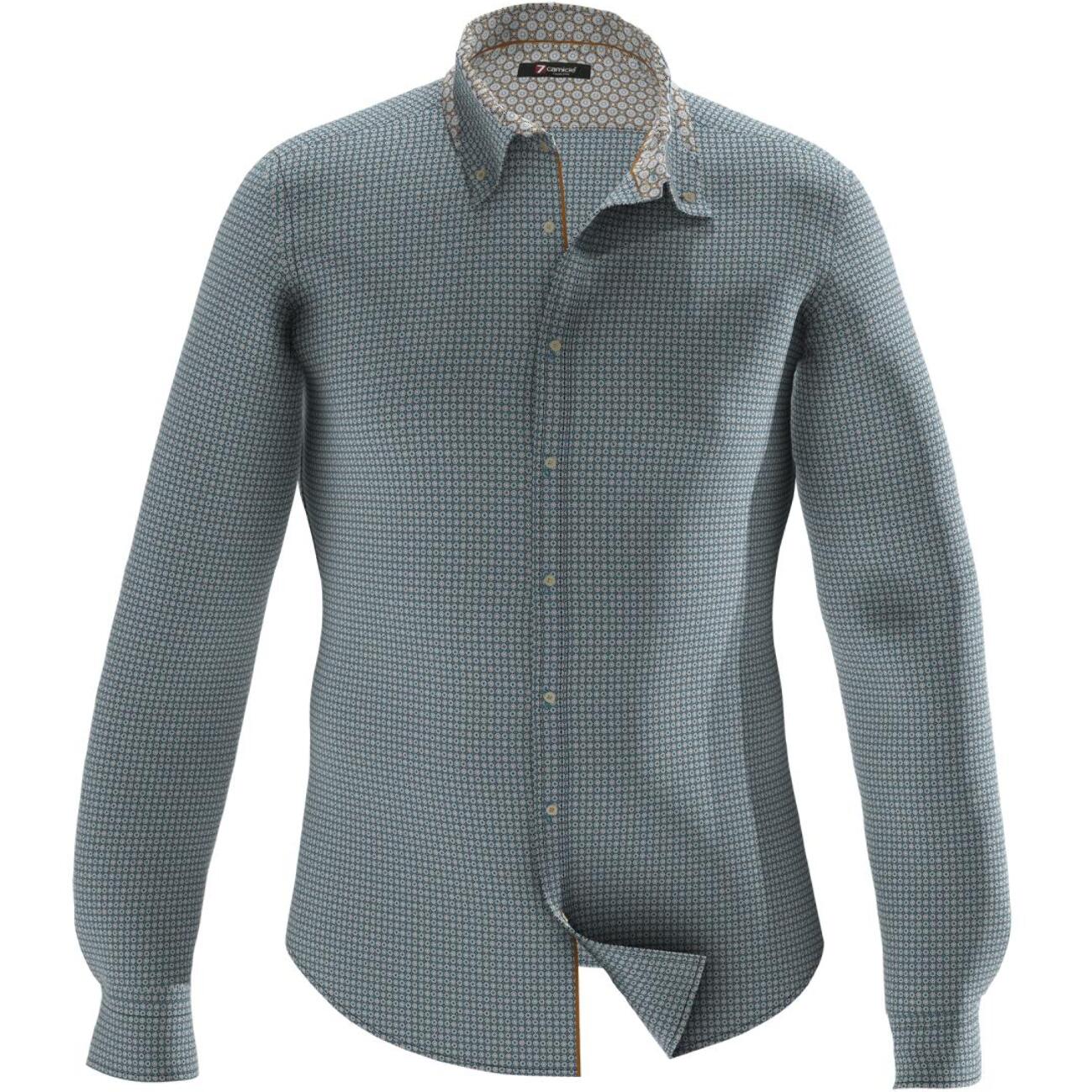 Camicia Uomo 2bottoni Button Down Doppio Collo Slim Popeline Stampato Ottanio e Celeste