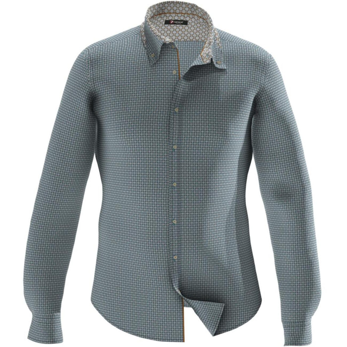 Camicia Uomo 2bottoni Button Down Doppio Collo Slim Popeline Stampato Ottanio e Celeste