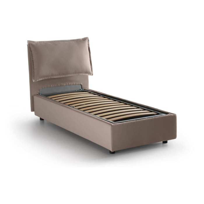 Letto singolo Alto, Letto contenitore con rivestimento in tessuto, 100% Made in Italy, Apertura frontale, adatto per materasso Cm 80x190, Tortora