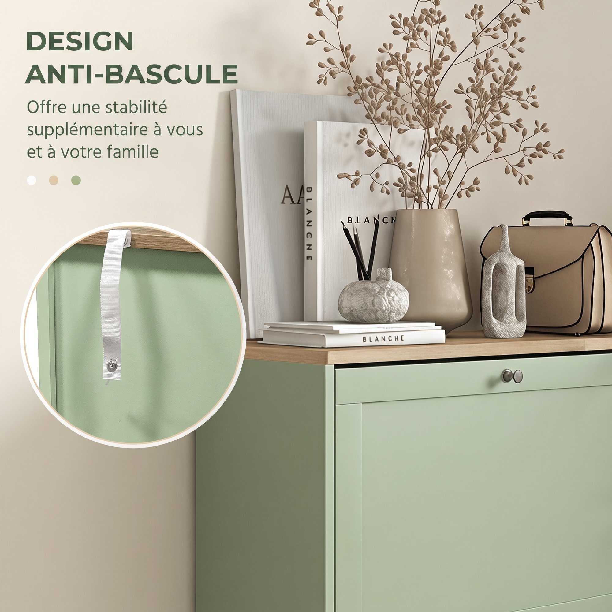Meuble à chaussures 3 portes battantes style classique chic vert effet bois clair