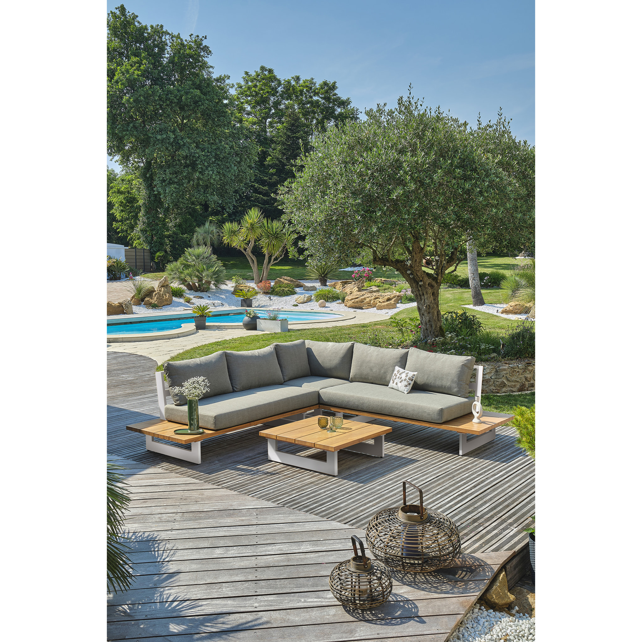 LAVEZZI - Salon de jardin 5 places en aluminium et plateau imitation bois