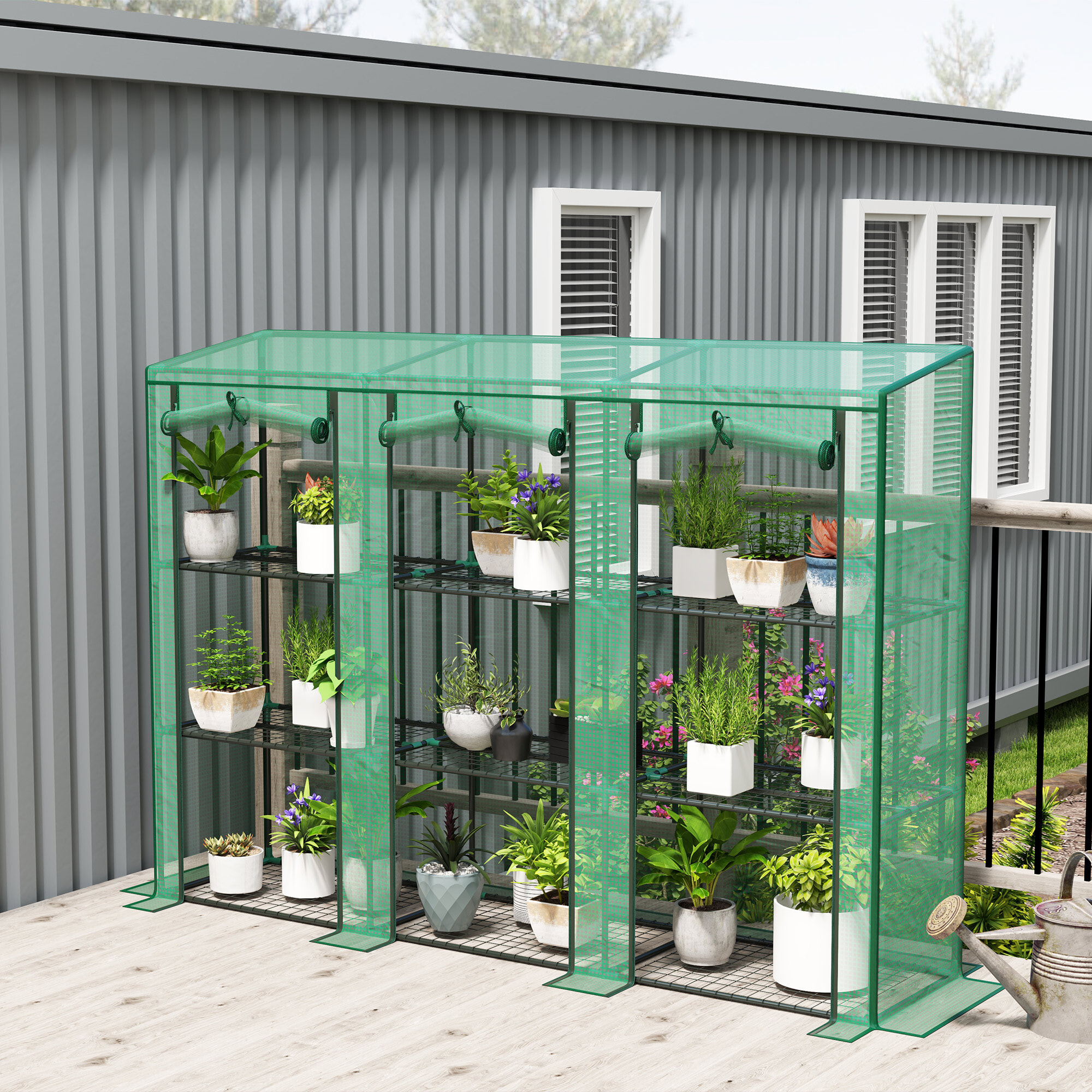 Invernadero de Exterior de 3 Niveles Invernadero de Jardín con 9 Estantes Puerta Enrollable con Cremallera Marco de Acero Cubierta de PE 140g/m² Anti-UV para Terraza Patio 215x46x151cm Verde
