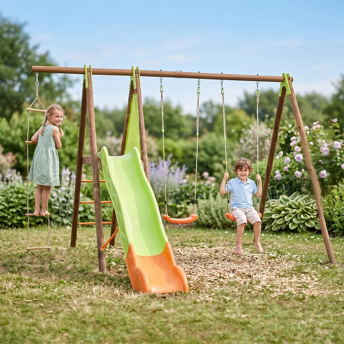Balançoire en bois poutre métal 2,30 m Techwood Premium XALTO - 5 enfants