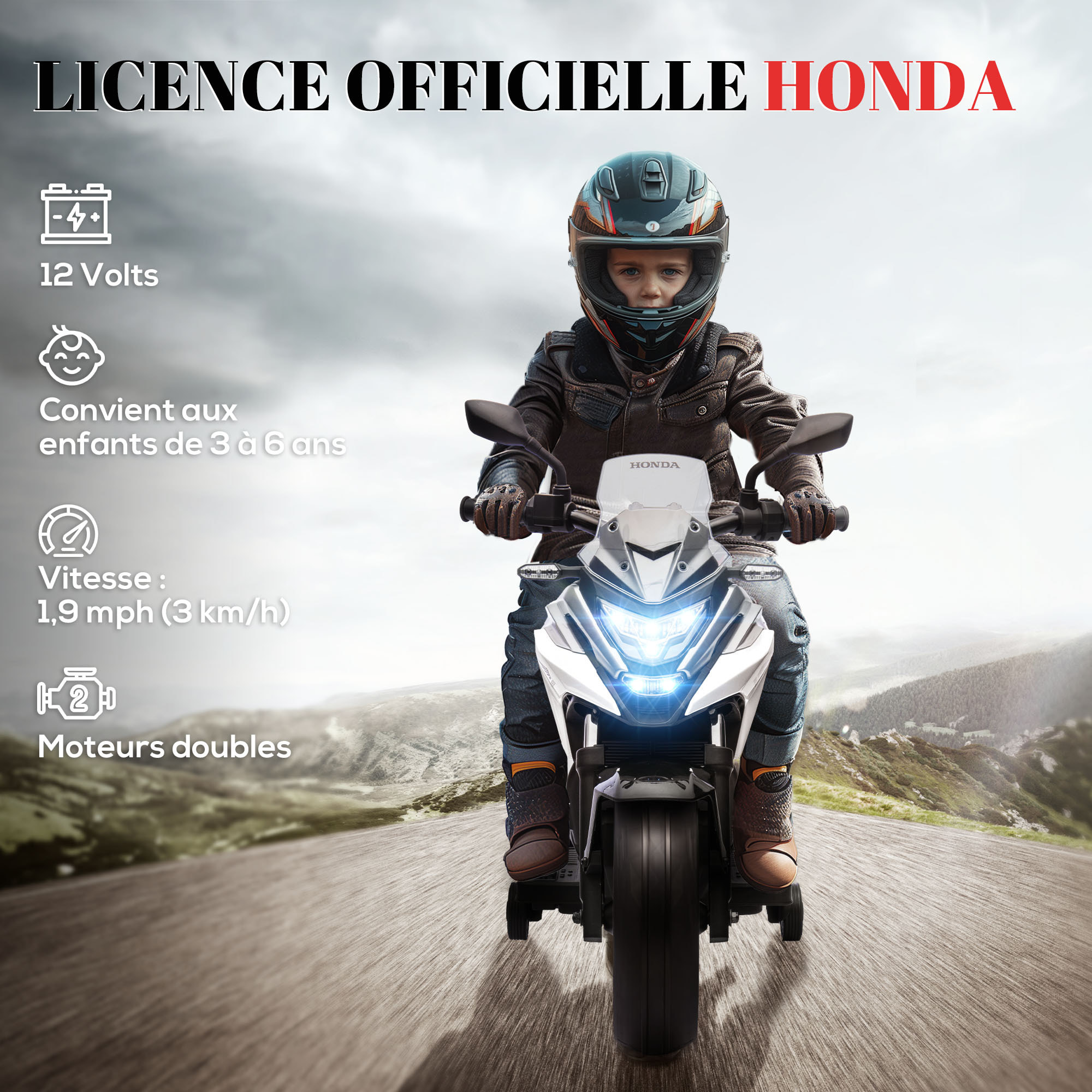 Moto électrique enfant Honda NC750x - musiques, feux AV LED, entrée USB MP3 jack - 2 roues support aux. - blanc