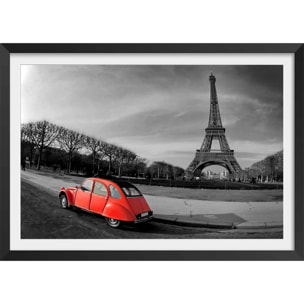 Affiche paris tour eiffel et 2cv rouge Affiche + cadre en bois - Noir